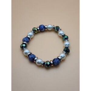 GENUINE Sodalite & Faceted Glass Bead Bracelet & Earring Set Blue Green & Silver